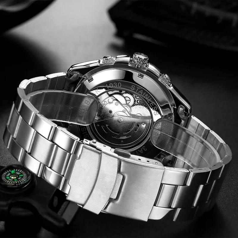 Серебристые водонепроницаемые мужские часы с турбийоном и скелетом из нержавеющей стали, Роскошные Механические Мужские наручные часы от ведущего бренда