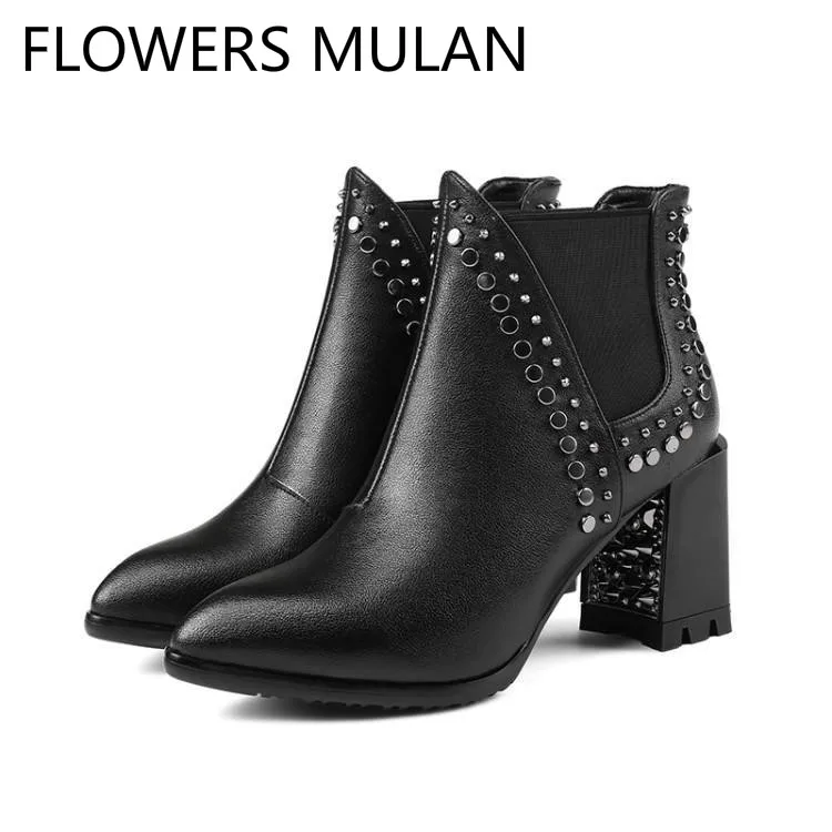 

Black Real Leather Ankle Boots For Women Chic Pointed Toe High Square Heel Ladies Booties Studded Rivets Chelsea Botas Shoes