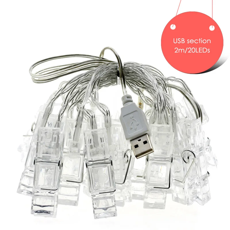 1 м/2 м/4 м зажим для фото USB светодиодный гирлянды на батарейках для рождества, Нового года, вечерние, свадебные украшения для дома, сказочные огни - Испускаемый цвет: USB 2M 20LEDs