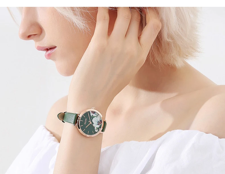 Julius бренд классические зеленые кожаные часы женские ретро 3D многоцветный цветок большой циферблат кварцевые наручные часы Дамская одежда часы подарки