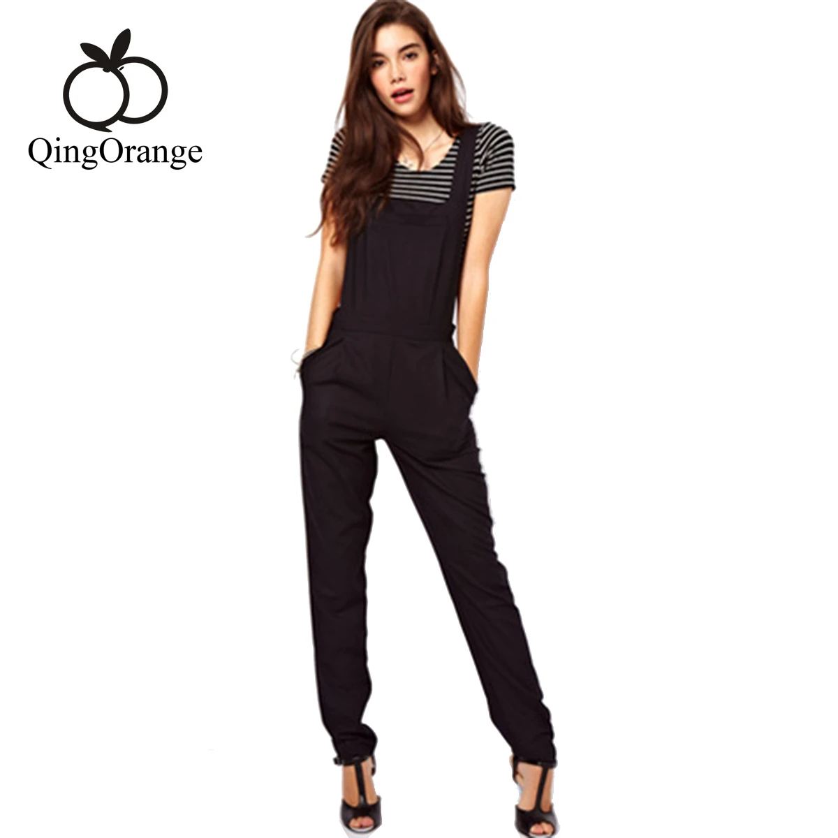 Women Overalls Chest Pocket High Waist Zipper Black Suspender Pants