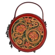 Китайский стиль, ручная Выгравированная Дамская маленькая круговая сумка из натуральной коровьей кожи, резная женская сумка на плечо с цветочным узором, женская сумка через плечо