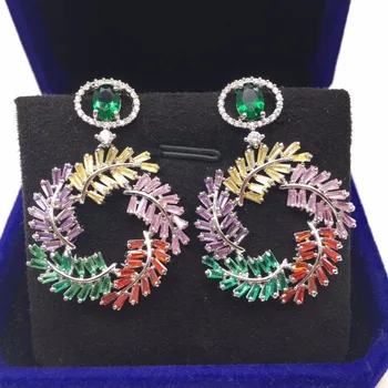 

AAA Cubic Zirconia Stone Feather Leaf Shaped Round Circle Drop Earrings For Women Summer Accessories