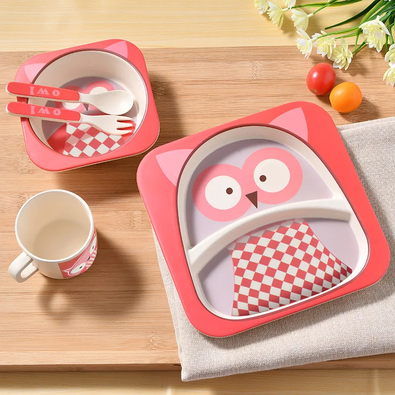 Baby Bamboo Fiber Dinnerware Children Safety Tableware Set Animal Cartoon Plate Bowl Fork Spoon Cup Food Feeding Dishes BB3092 (12)