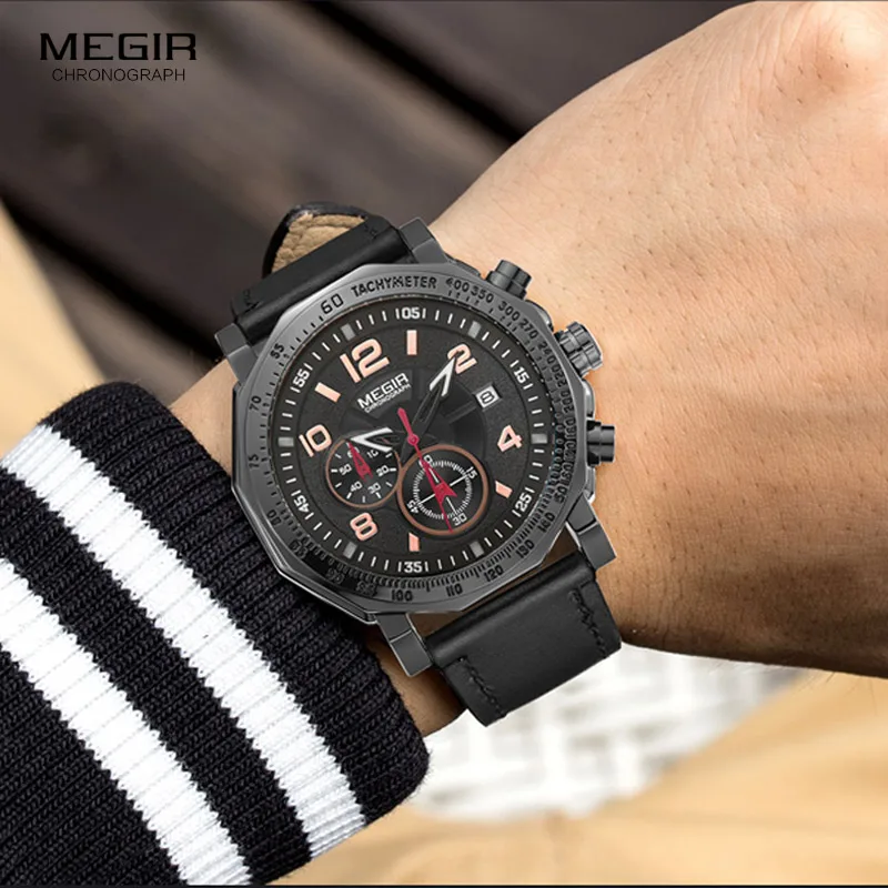 

Megir Men's Chronograph Luminous Army Sport Quartz Wrist Watches Fashion Military Leather Date Indicator Watch for Man 2048G