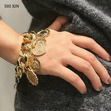 SHIXIN преувеличенная хип-хоп монета с портретом, мульти Подвески, браслет, модные ювелирные изделия, Женские Подвески, манжета, кубинская Толстая ручная цепочка для женщин