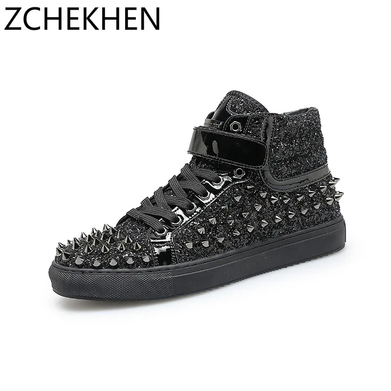 

Hip hop Martin Boots Male bling sequined Men High top Shoes Rivets Punk ankle Boots Zapatillas Chunky sneakers Chaussure Homme