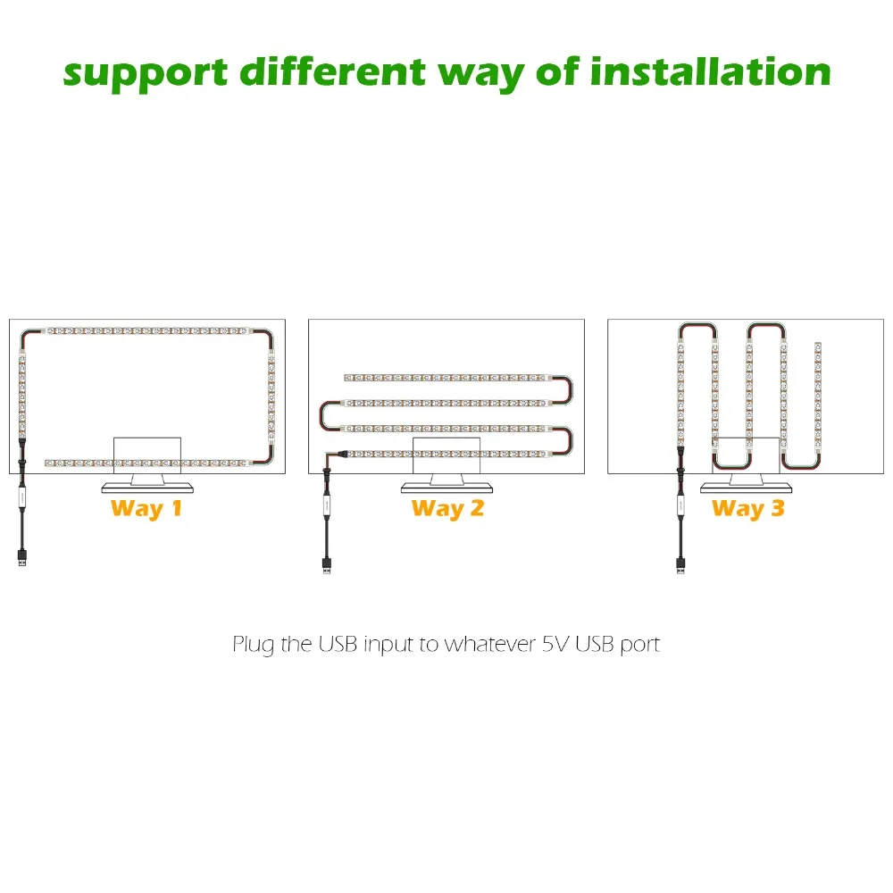 Dream Color LED TV Backlight WS2812B, Addressable Pixel Strip IC Control RGB Chasing Lighting with USB 5V Controller and Remote-in LED Strips from Lights ...