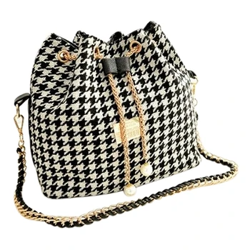 

Women bag chains fashion bucket bag canvas patchwork women shoulder bag messenger bag women handbag-Black and white grid