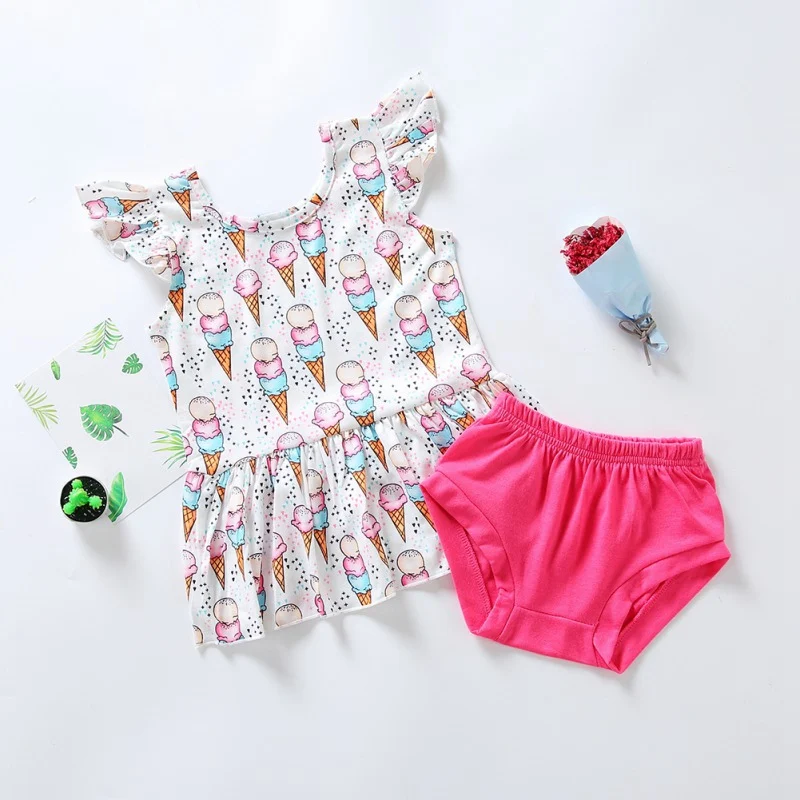

Flare Sleeve Cotton Tops Ice-cream Vest Briefs Shorts 2Pcs Set Baby Clothing Suit New Summer Floral Baby Girl Clothes