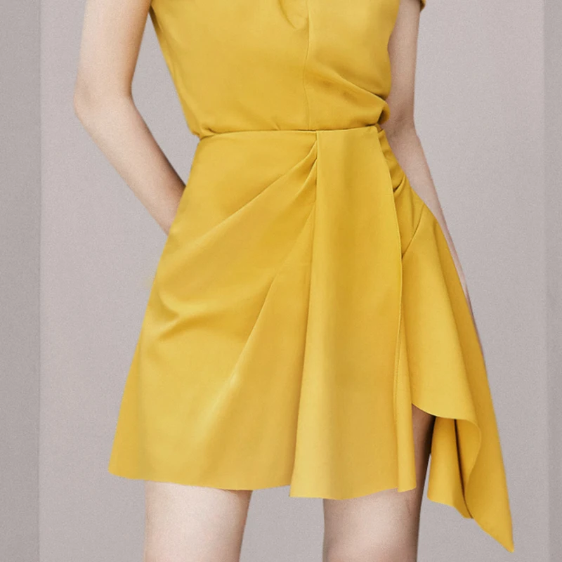 Max Spri New Fashion Asymmetrical Neckline Ruched Top Mini Wrap Skirt Office Lady 2 Pieces Sets Women Party Outfit Yellow