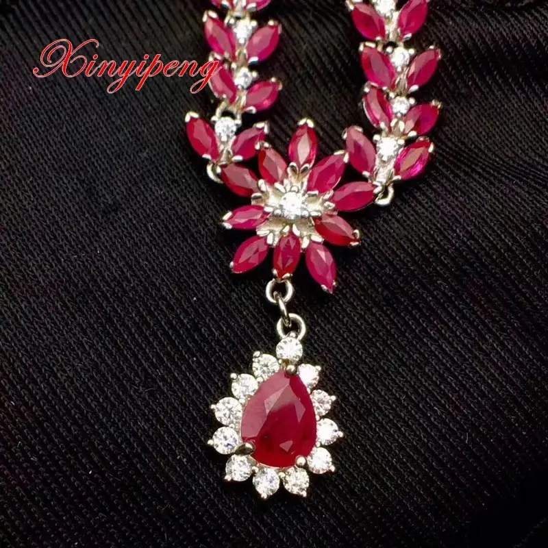 

Xin yi peng 925 silver inlaid Natural red ruby necklace woman necklace fashionable elegant fine workmanship