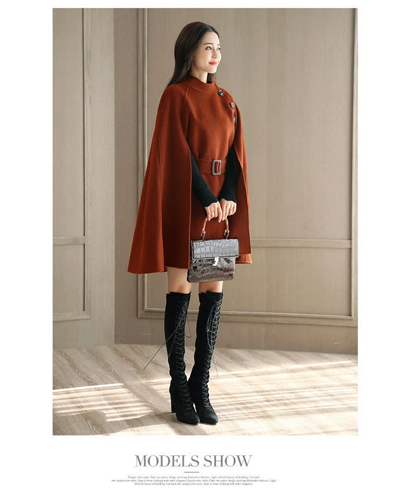 Осенне-зимняя куртка-пончо длинное шерстяное пальто женский плащ-накидка верхняя одежда однобортное черное пальто с поясом Z267
