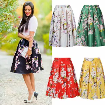 

European and American high-end peach blossom printed pleated elastic skirt