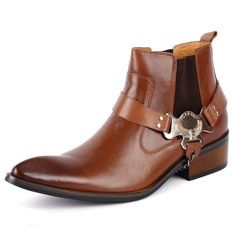 QYFCIOUFU/модные мужские ботинки «Челси» из натуральной кожи высокого качества; ботильоны из коровьей кожи с пряжкой; цвет черный, коричневый; мужские ковбойские ботинки - Цвет: Коричневый