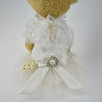 

White lace pearl rhinestone Dog puppy luxury bow dress Tutu skirt pet dog cat Chihuahua Princess wedding Dress dog bride costume