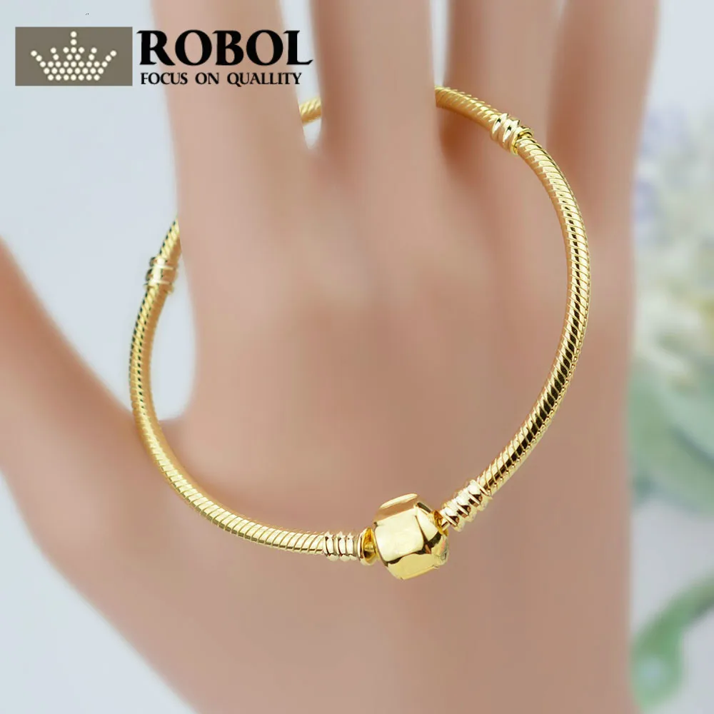 

ROBOL100% 925 Sterling Silver 14k Gold Bracelet Snake Chain Lady Can Adjust The Fine Jewelry Gift Party Fashion 8037