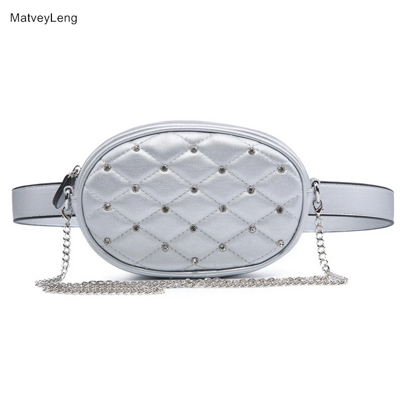 

MatveyLeng Diamond Design Waist Packs Silver Quilted PU Leather Shoulder Bags Velvet Black Waist Bag Women Bag Free Shipping