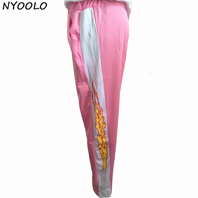 NYOOLO, корейский дизайн, горячая Распродажа, новинка, с принтом пламени, Harajuku, свободные, повседневные, прямые брюки, для женщин и мужчин, с эластичной талией, штаны в стиле хип-хоп