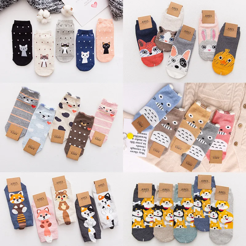 

cartoon 5 pairs cute harajuku animal happy women ankle fruit socks Flamingo/cat/dachshund dog socks buldog