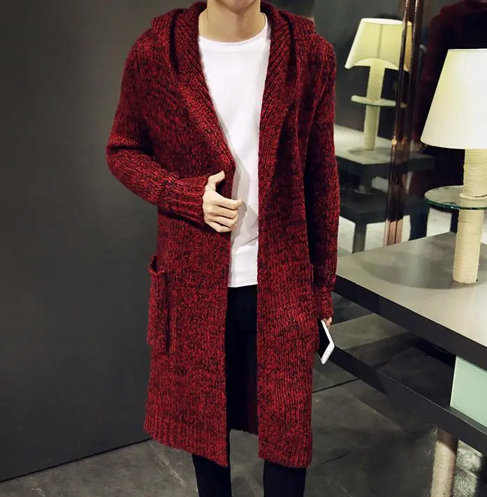 Осенне-зимняя обувь модные средней длины тренчи мужские Верхняя одежда с капюшоном тонкий свитер мужские без пряжки красный хаки, серый