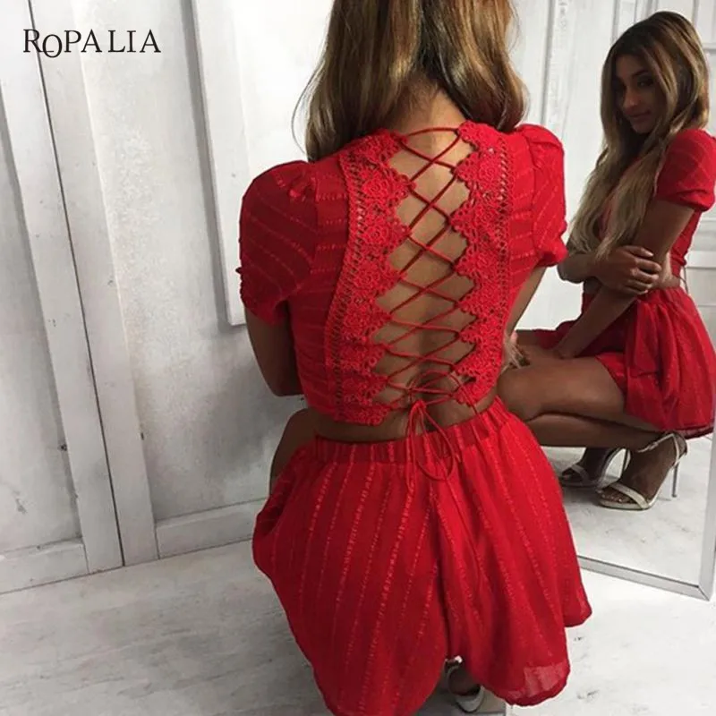 ROPALIA Club, короткие штаны, женские модные костюмы из двух частей, для девушек, с круглым вырезом, сексуальный, с коротким рукавом, на спине, бандаж, Женский комплект