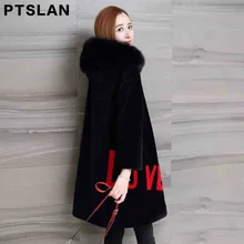 Ptslan Women Sheep Fur Coat Winter Wool Coat Fox Fur collar Warm Wool Women’s Beige Black Long Jacket Coat