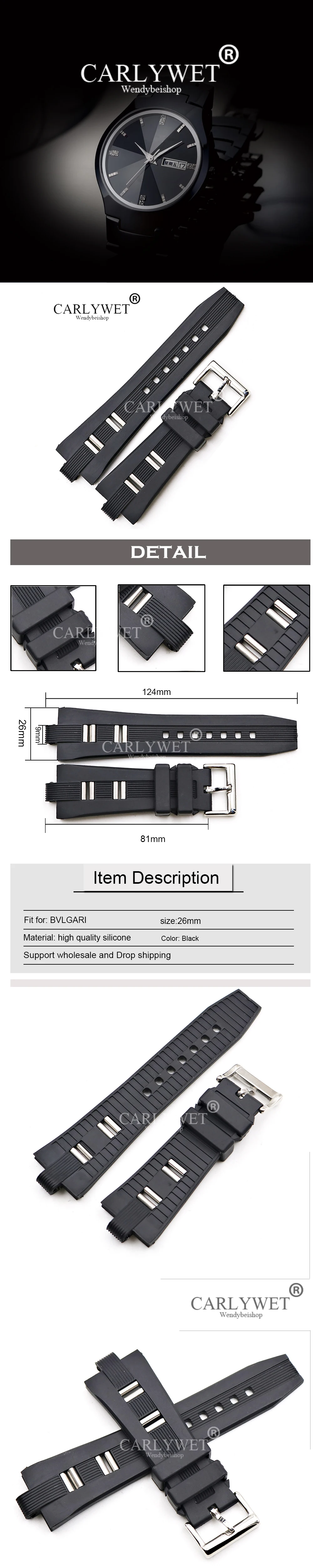 CARLYWET 26x9 мм Оптовая Продажа Черный резиновые ремешки высокое качество силиконовые Водонепроницаемый замена часы ремешок пряжка для пояса