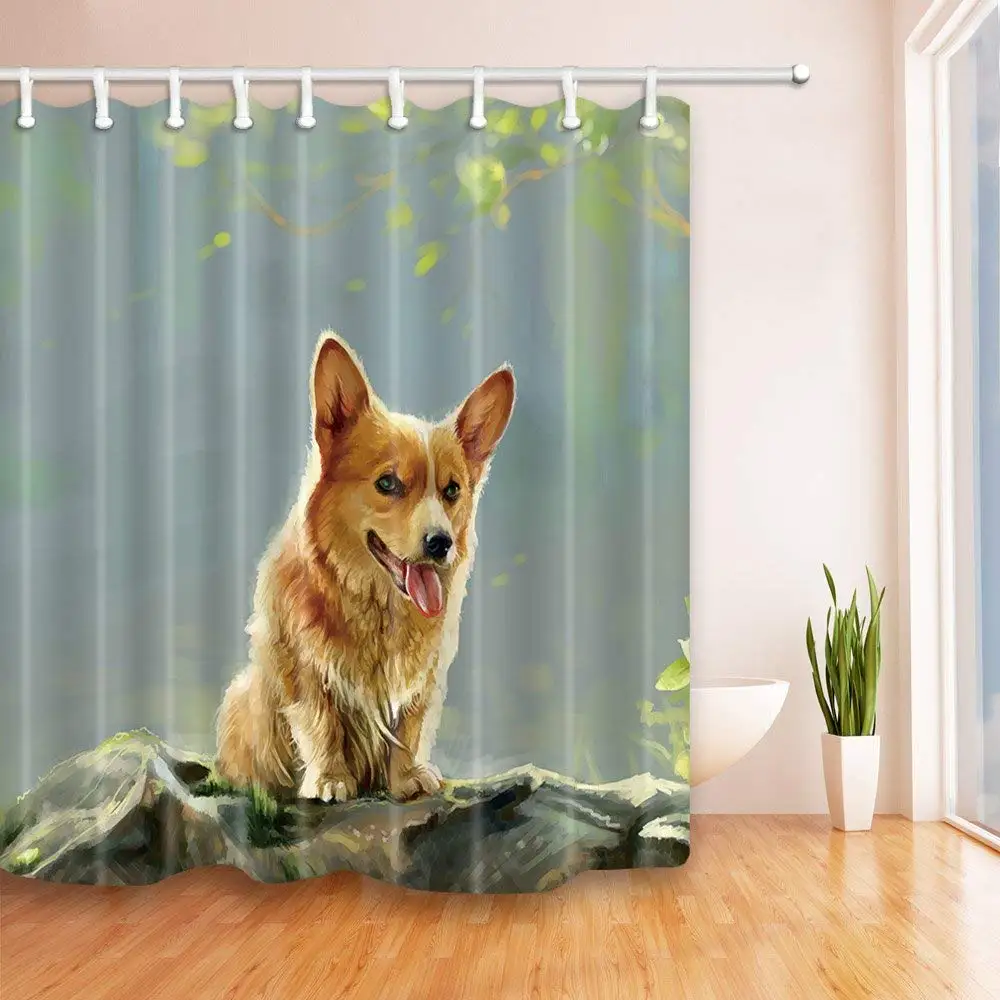 Painting Decor Puppy Dog Stretched out Tongue on the Stone Shower Curtain Polyester Fabric ...