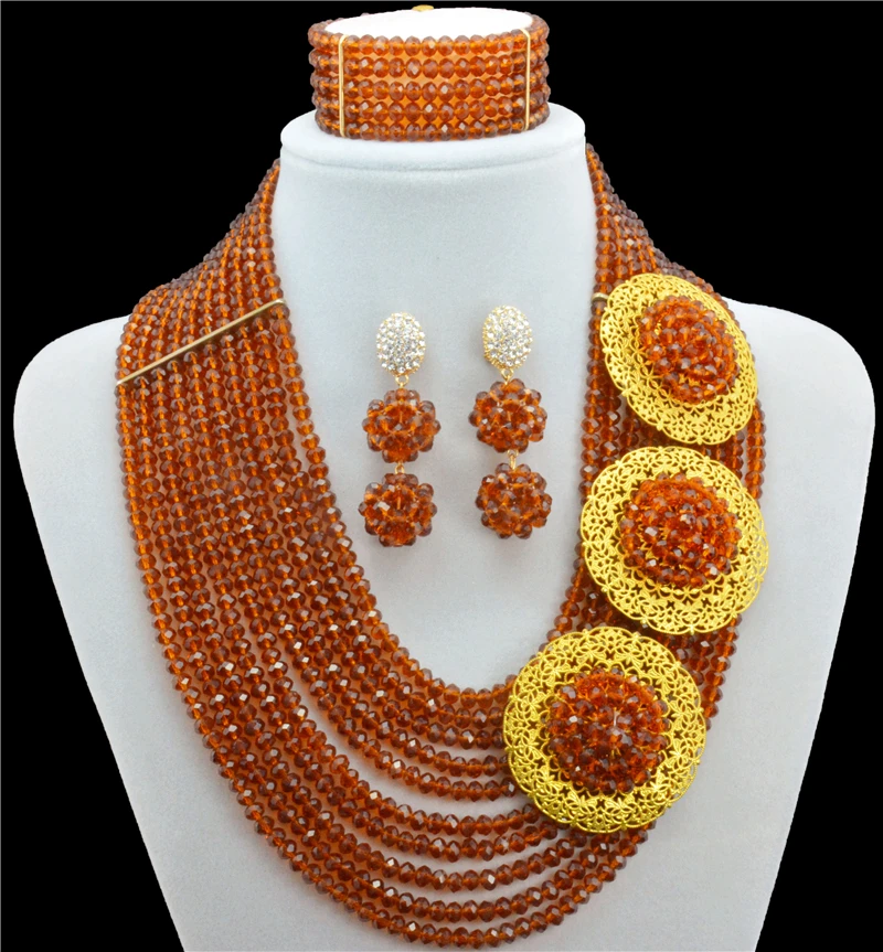 2016 Brown African Gold color Jewelry Set Nigerian African Wedding Beads Jewelry Set Beads