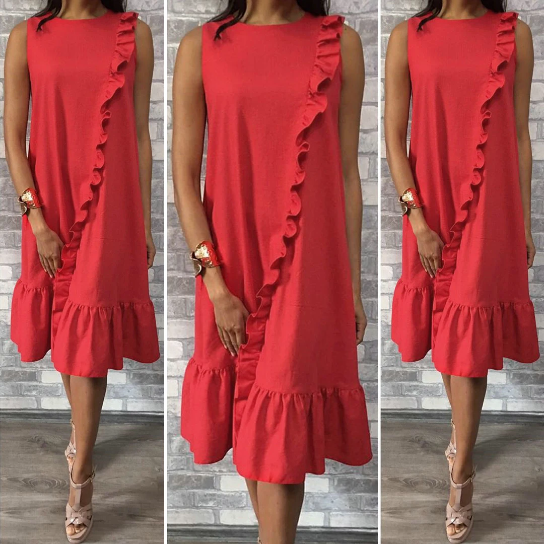 women clothing Casual Red Sleeveless Ruffled Loose Women Dress Summer Shirt Dress Stright Dress Red Dress
