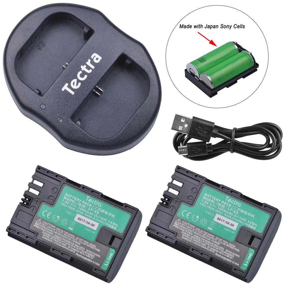 Tectra 2 шт. LP E6 E6N батарея + USB двойное зарядное устройство для Canon EOS 5D Mark III II 7D 60D 6D с