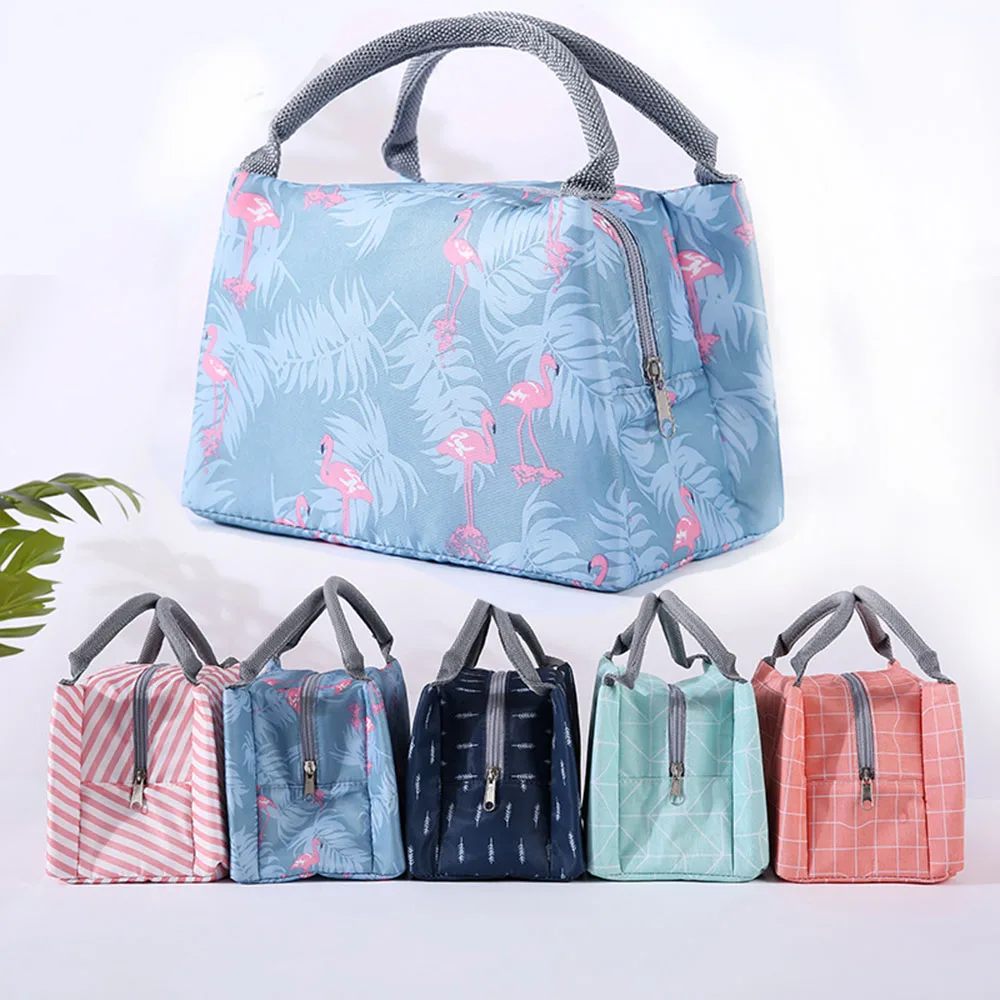 ISKYBOB 1PCS Flamingo Insulated Canvas Stripe Picnic Carry Case Thermal Portable Lunch Bag