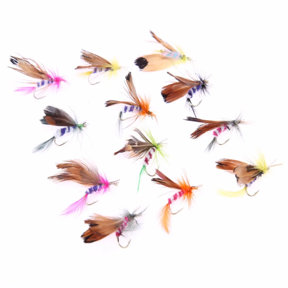 

12pcs/lot Fly Fishing Lure Set Style Insect Artificial Fishing Bait Feather Single Hooks Carp Fish Lure