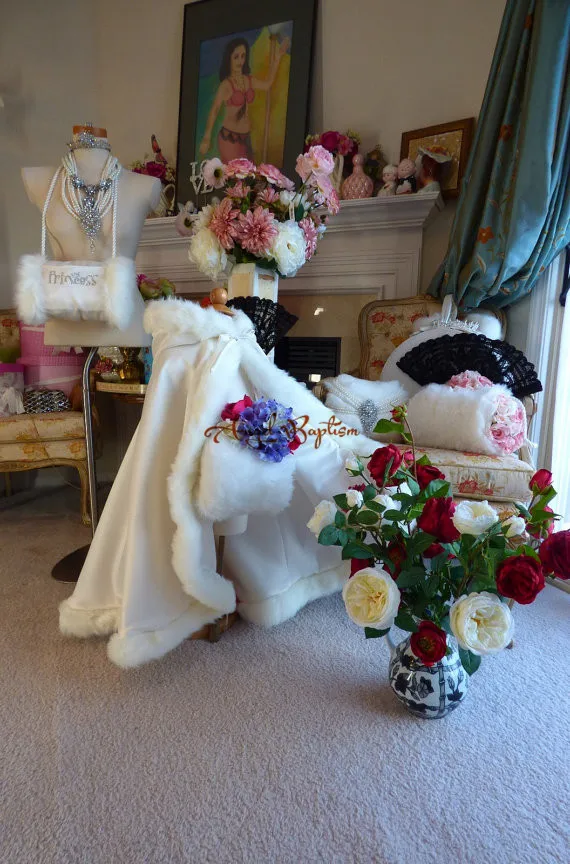 

White/ivory flower girl faux fur cape child kid winter wedding jacket hooded wrap bolero with hand muff coat outwear cloaks