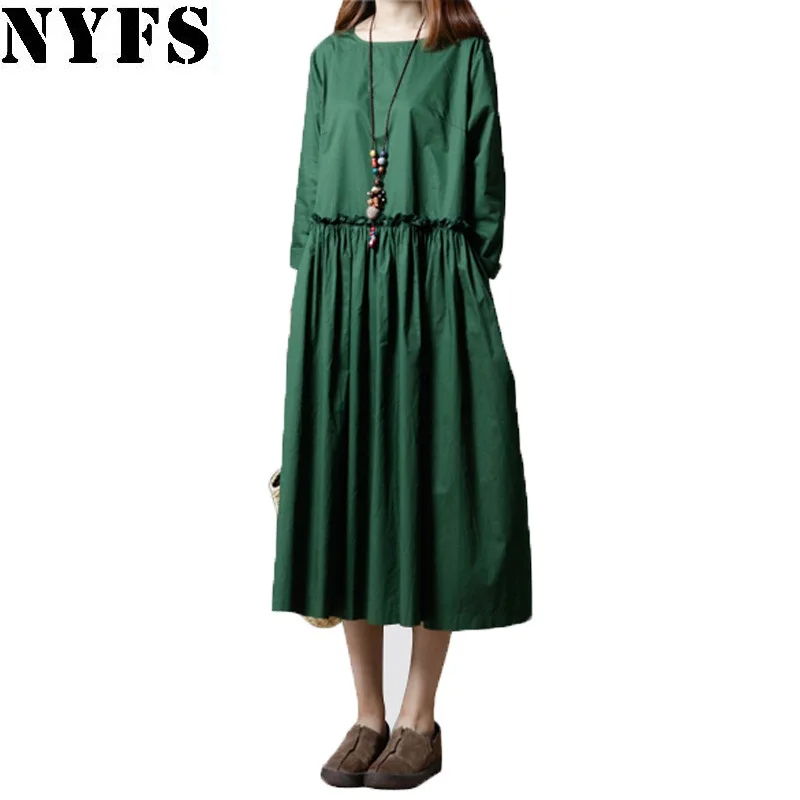 Женское длинное свободное платье NYFS однотонное из хлопка и льна осень 2020|fashion long