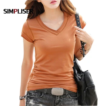 

V-Neck Slim Cotton Tees For Women Summer White Black Female T-Shirts Short Sleeve Soft Tops Ladies Clothing Tee Shirts