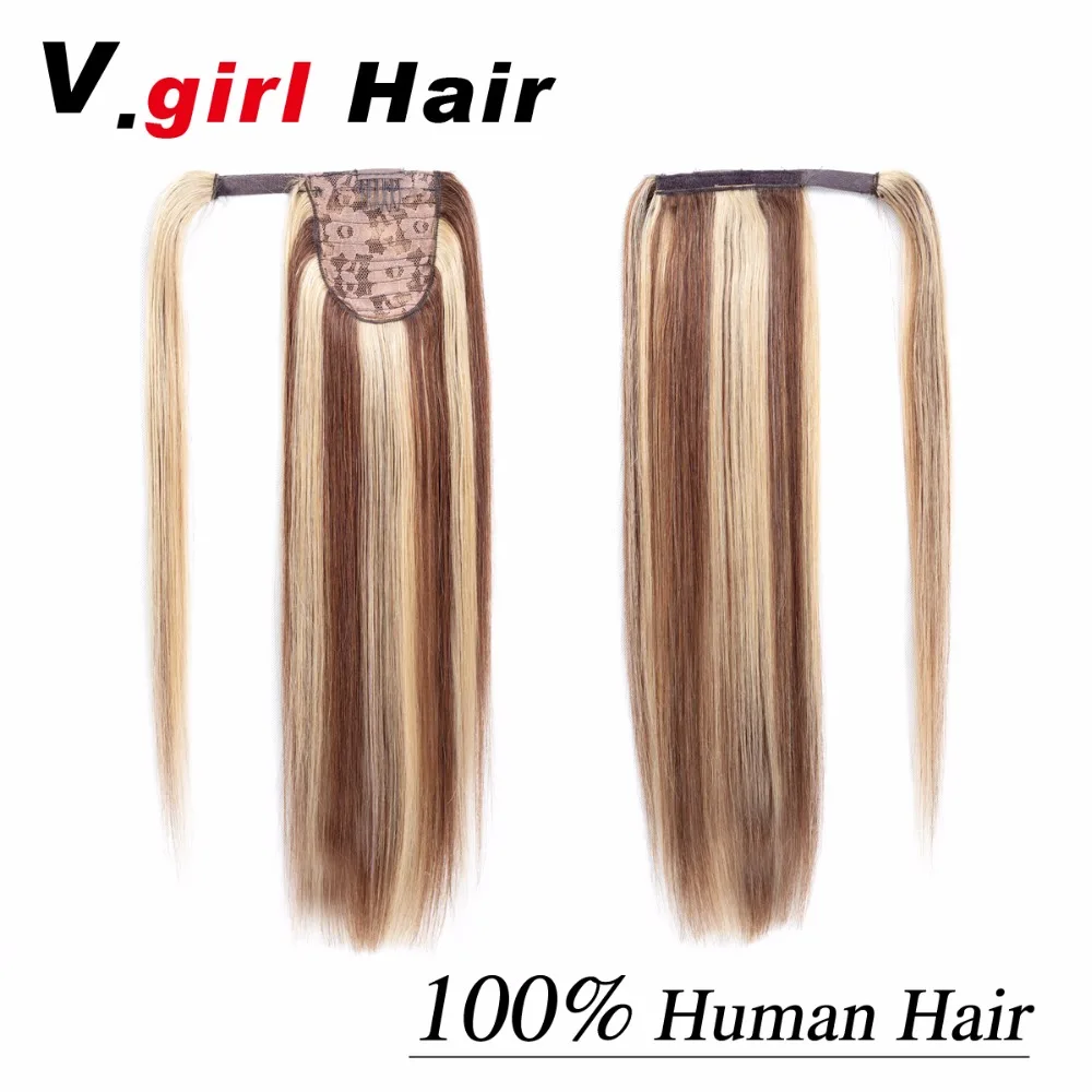 V.girl Hair Ponytail Human Hair Clip In Machine Made Remy Hairpieces Straight Clip In Hair Extensions 14Inch-26Inch 12/613#