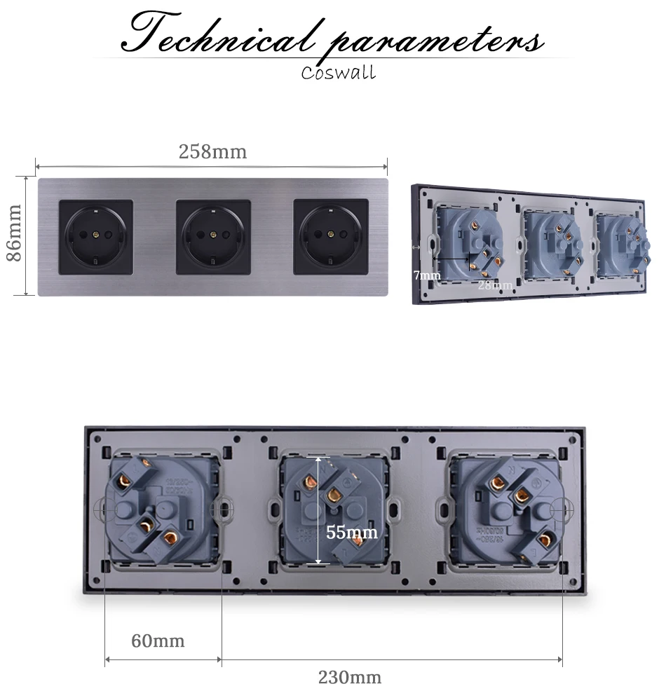 COSWALL нержавеющая сталь панель Тройная настенная розетка 16A ЕС Россия Испания электрическая розетка серебряный черный цвет детская защитная дверь