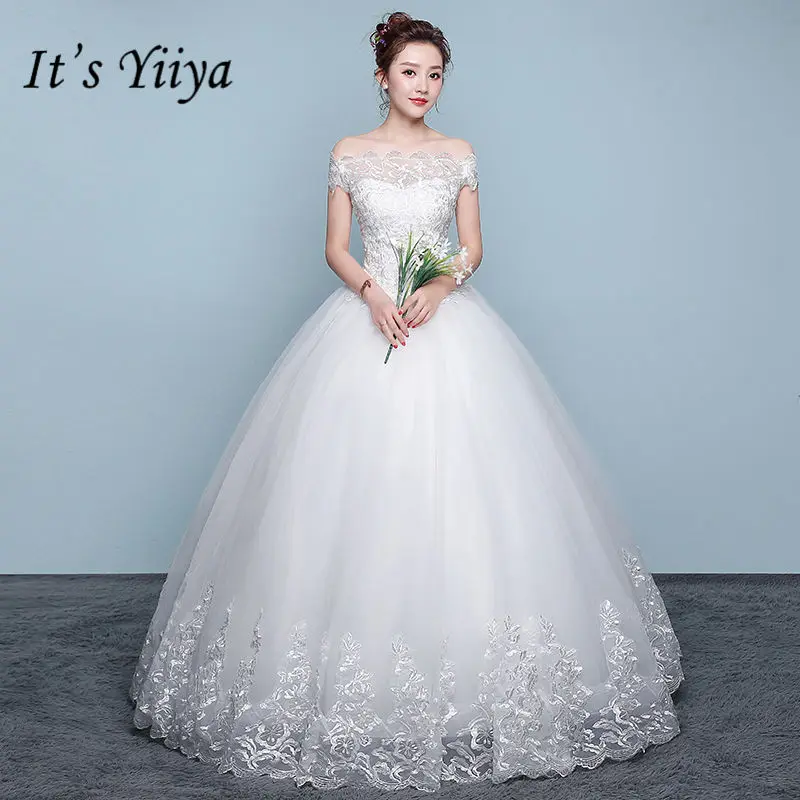 

It's YiiYa Wedding Dress 2019 Lace Simple Boat Neck Floor Length Wedding Gowns Vestidos De Noiva Casamento XXN207