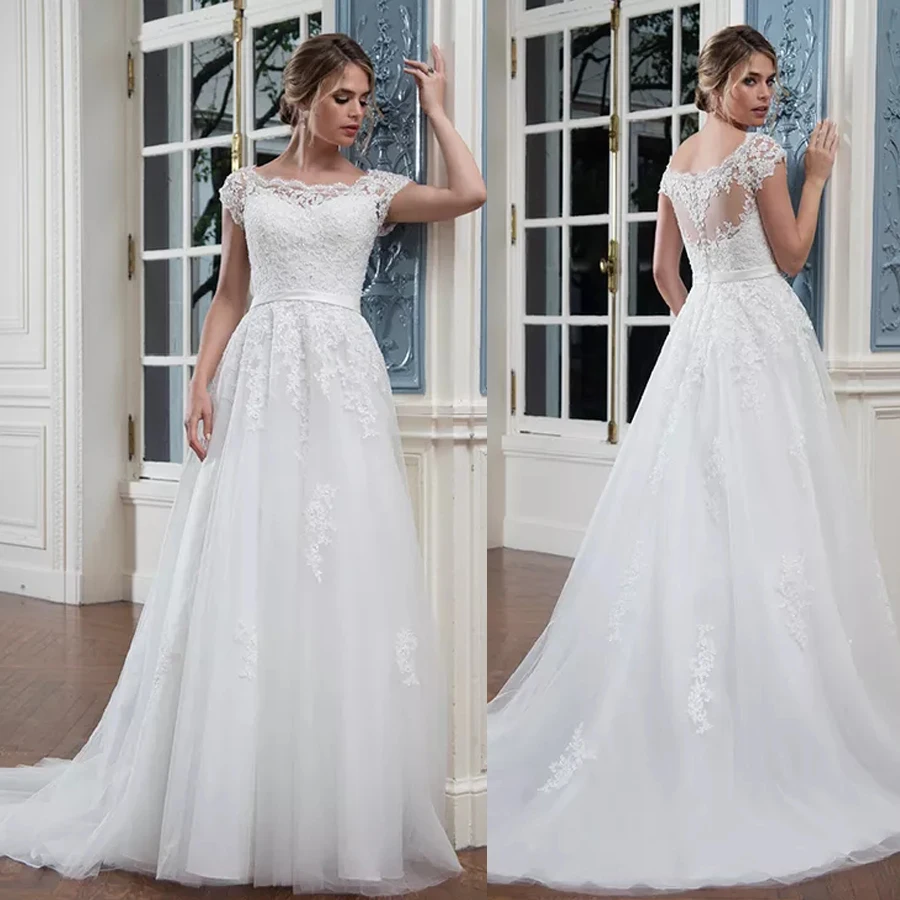Bateau Neckline Short Sleeves Lace Applique Wedding Dress Plus