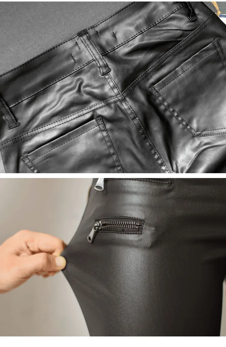 European and American women's hot style low waist slim foot PU leather trousers double zipper (12)