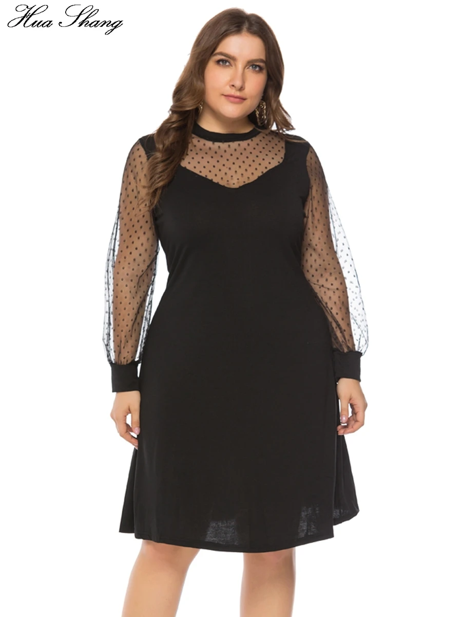 

Plus Size Women Dresses Lady Dresses Black 2019 Summer O Neck Mesh Transparent Long Sleeve Midi Dress Elegant Sexy Party Dresses