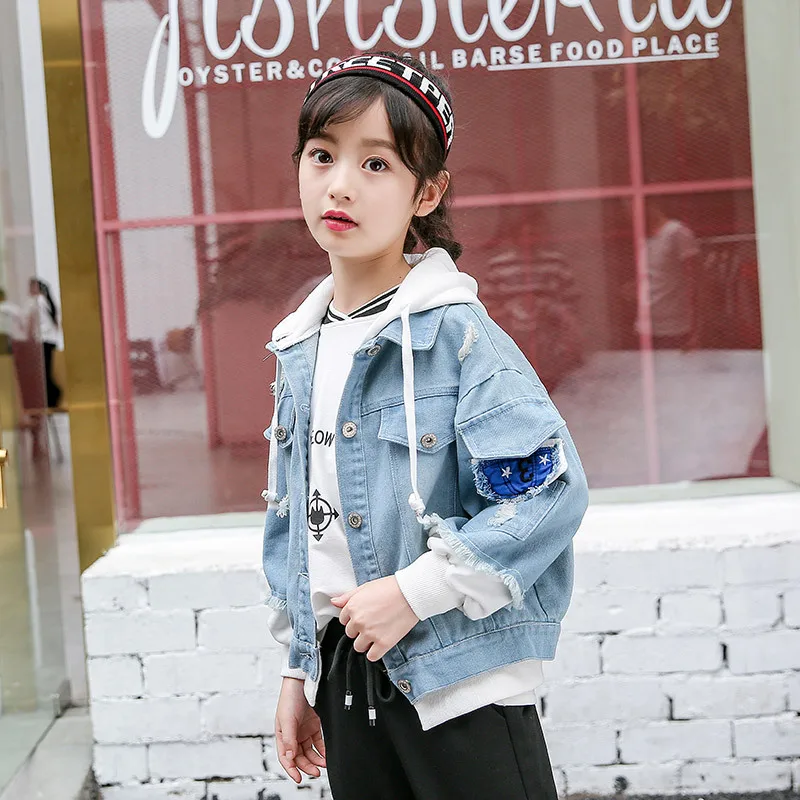 

Denim Jackets for Girls SpringTrench Children's Clothing 4 8 12Y Hooded Patchwork Outerwear Windbreaker Kids Teen Jeans Coats