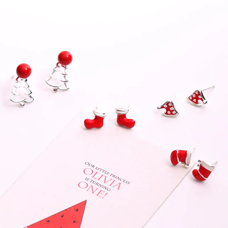 Christmas socks boots tree hat earrings 100% 925 Sterling silver Jewelry fashion Hypoallergenic Stud earrings for women gift