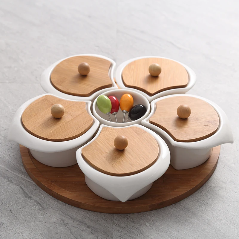 

Ceramic Compartments Snack Box Decorative Porcelain Divisions Sweet Caddy Bamboo Tableware and Houseware Organizer Supplies