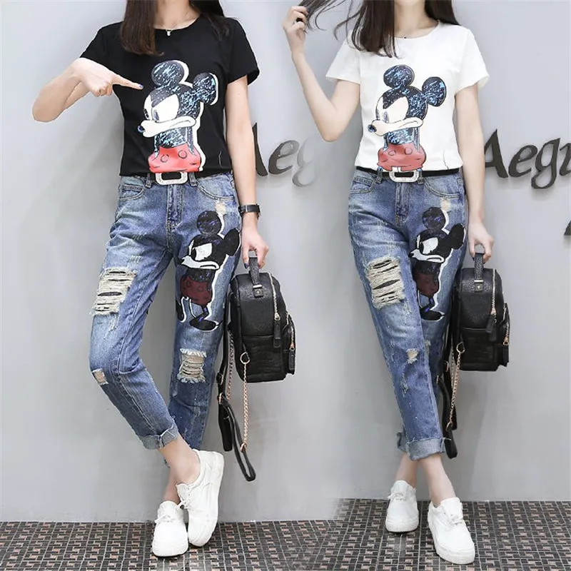 

Minnie Mouse Costumes Fashionable temperament loose cartoon ladies jeans Broken hole fat MM feet denim pants female T shirt suit