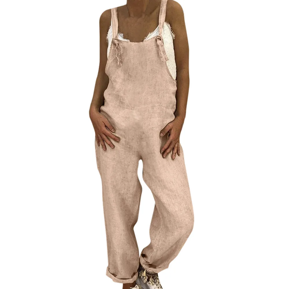 Boho винтажный женский льняной длинный комбинезон шаровары Дамский офисный комбинезон Combinaison Femme# ss - Цвет: Khaki
