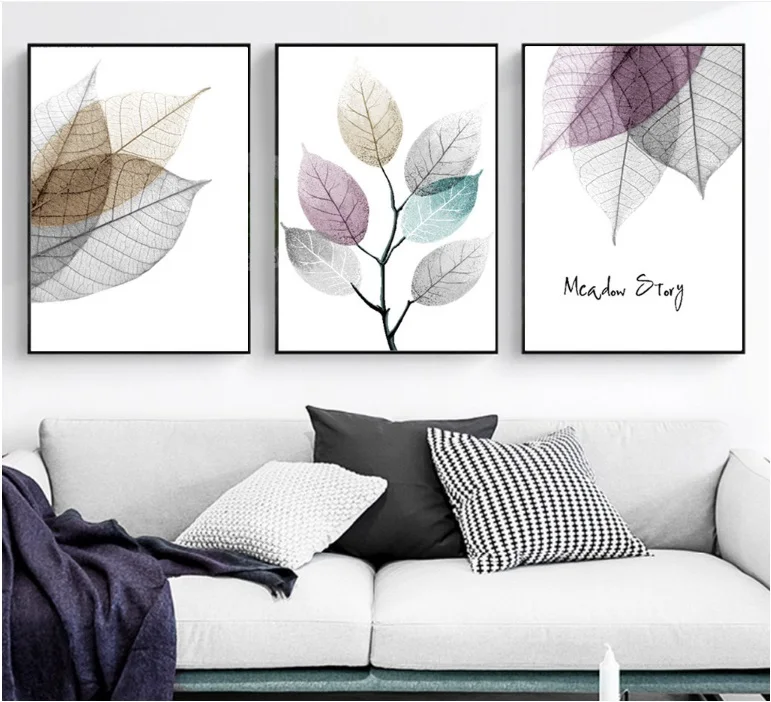 Современная простая Маленькая декоративная картина с изображением свежего листьев, Модульная картина, настенная живопись на холсте для гостиной, без рамки