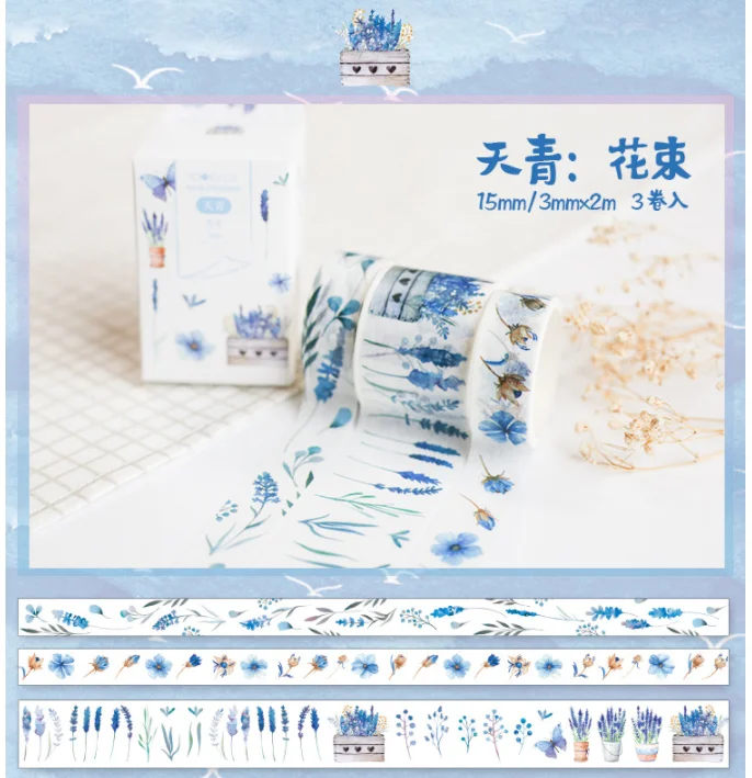 

3 pcs/pack Cyan Bouquet Decorative Washi Tape Set DIY Scrapbooking Masking Tape School Office Supply Escolar Papelaria